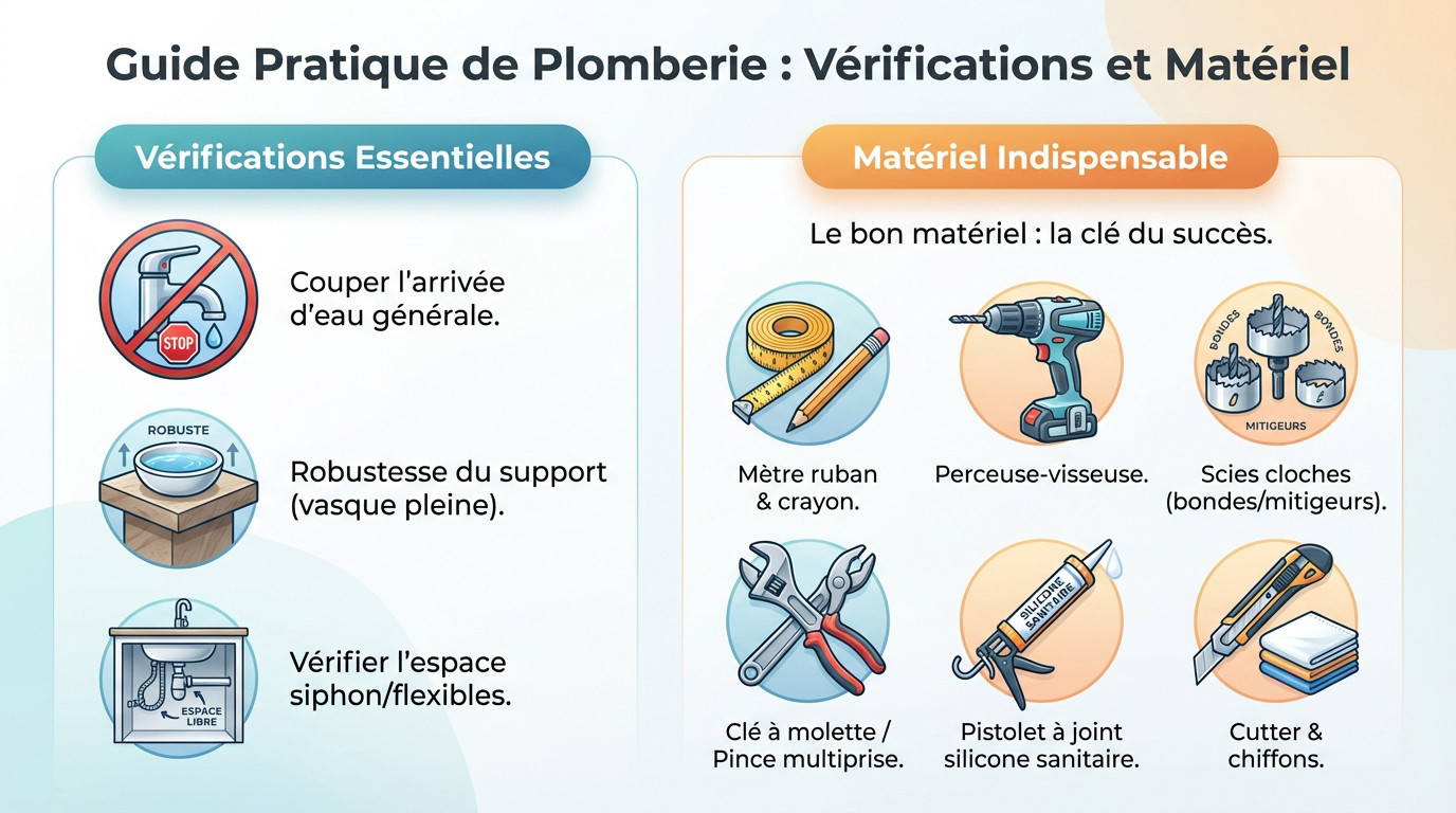 Outils de plomberie et matériel de protection nécessaires pour l'installation d'une vasque