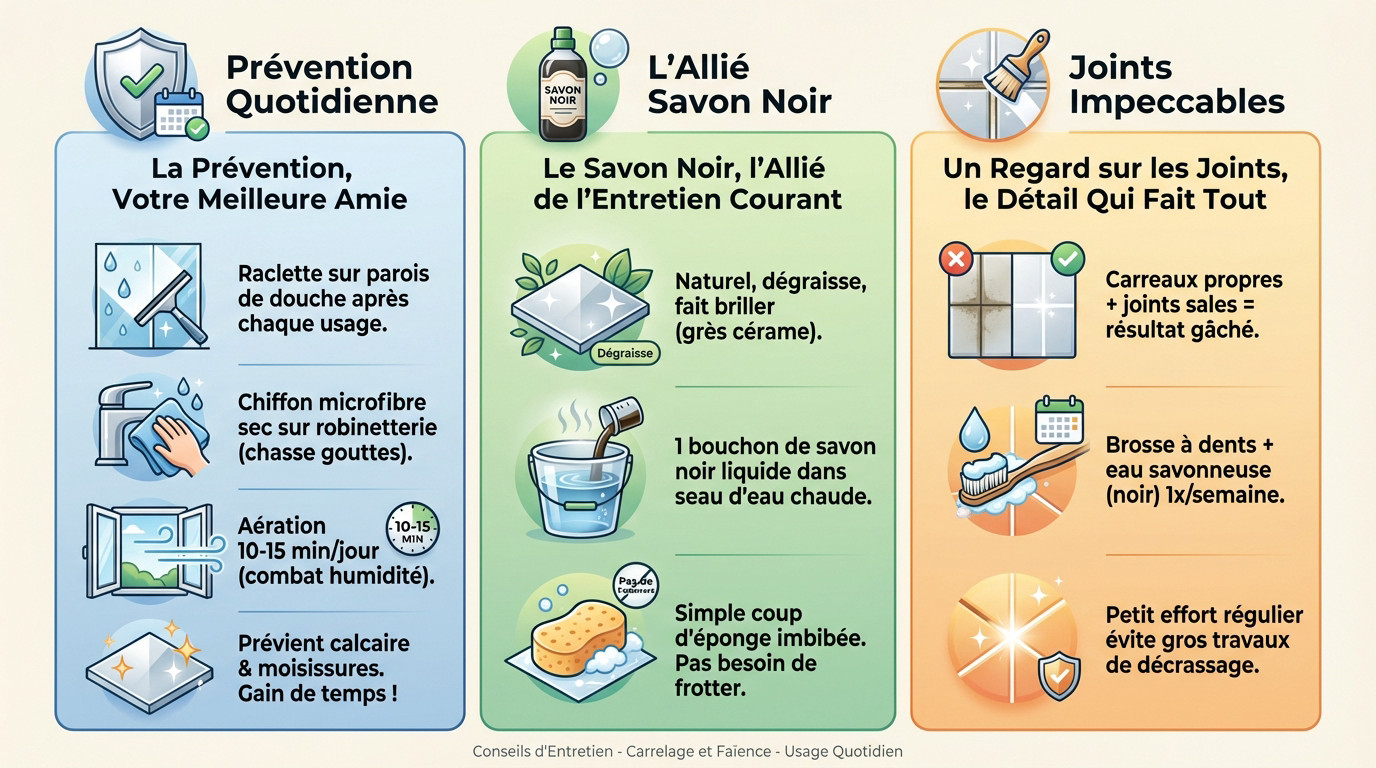Guide visuel pour l'entretien quotidien du carrelage de salle de bain
