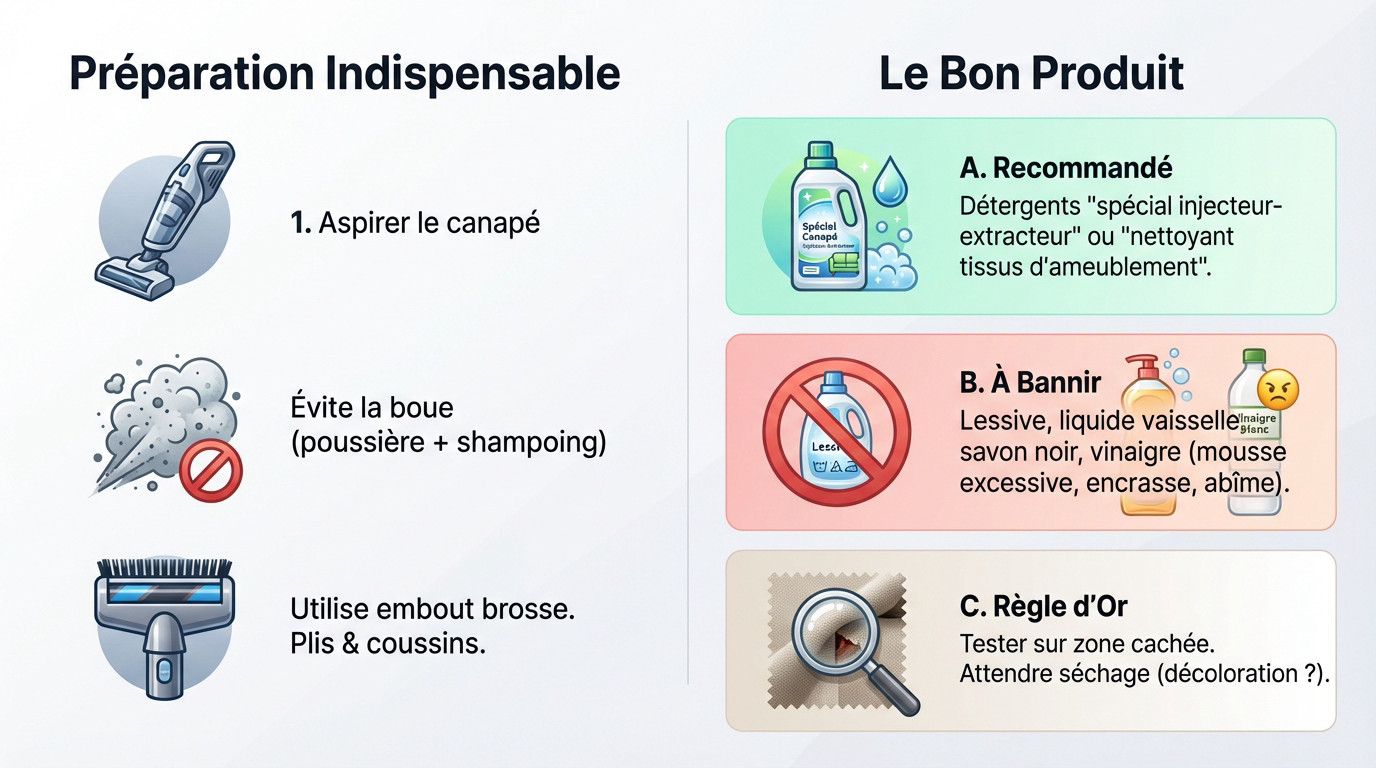 Préparation du canapé avec aspirateur et choix du produit nettoyant pour shampouineuse