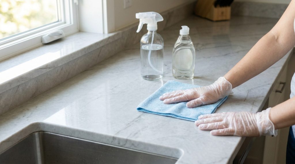 Mains avec gants en plastique nettoyant un plan de travail en marbre avec un chiffon bleu et des produits ménagers.