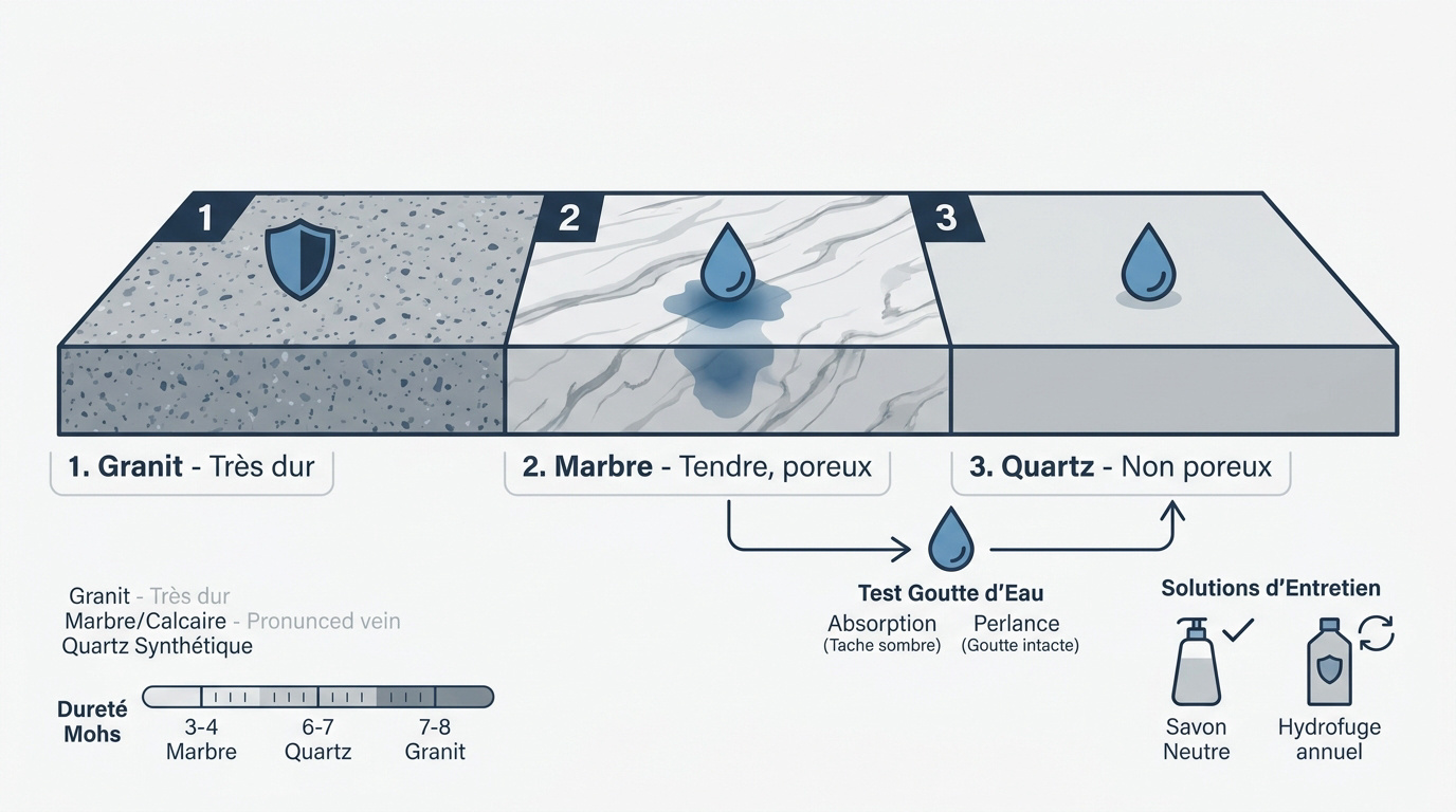 Comparaison visuelle entre le granit moucheté, le marbre veiné et le quartz uniforme