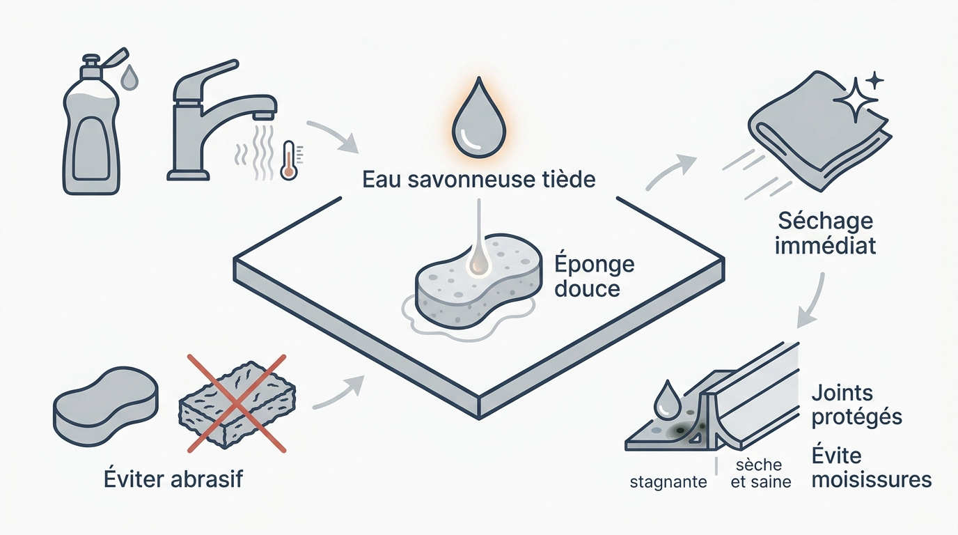 Nettoyage d'un plan de travail de cuisine avec une éponge douce et de l'eau savonneuse