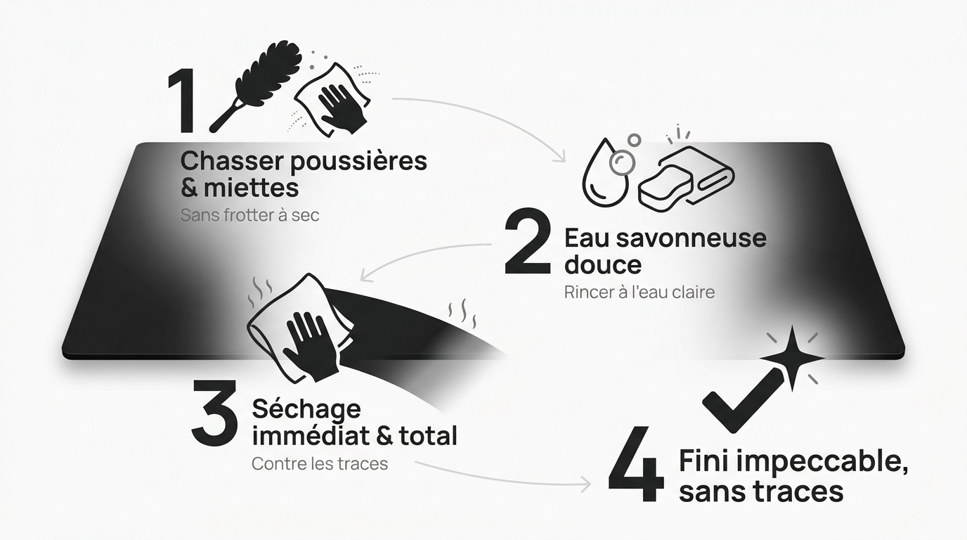 Schéma illustrant les 4 étapes pour nettoyer un plan de travail noir mat sans traces