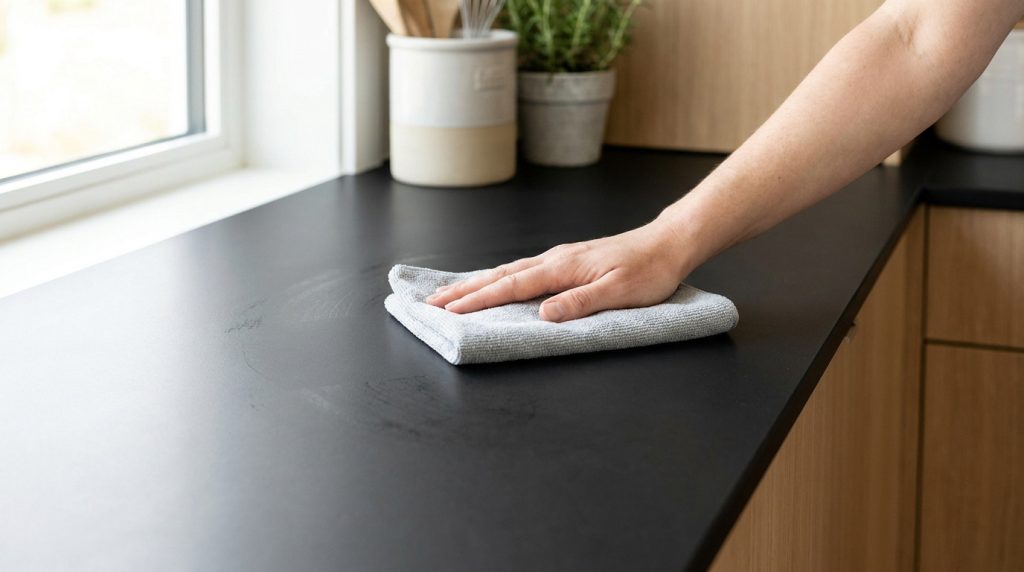 Une main utilisant un chiffon en microfibre gris pour nettoyer un plan de travail de cuisine noir mat.