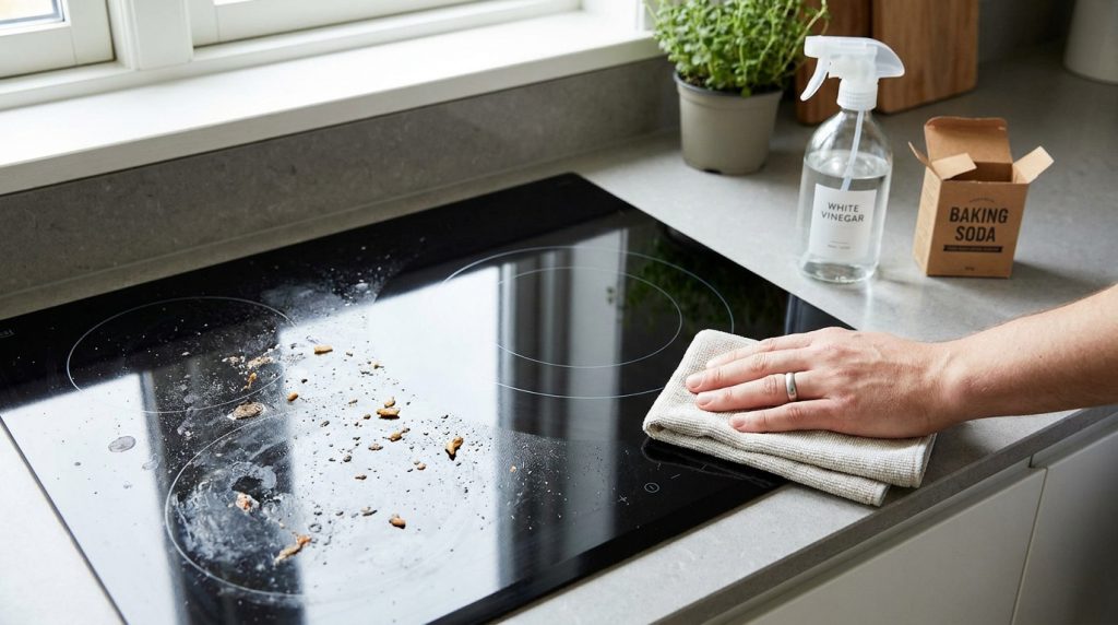 Une main nettoie une plaque à induction sale avec un chiffon microfibre, du vinaigre blanc et du bicarbonate de soude.