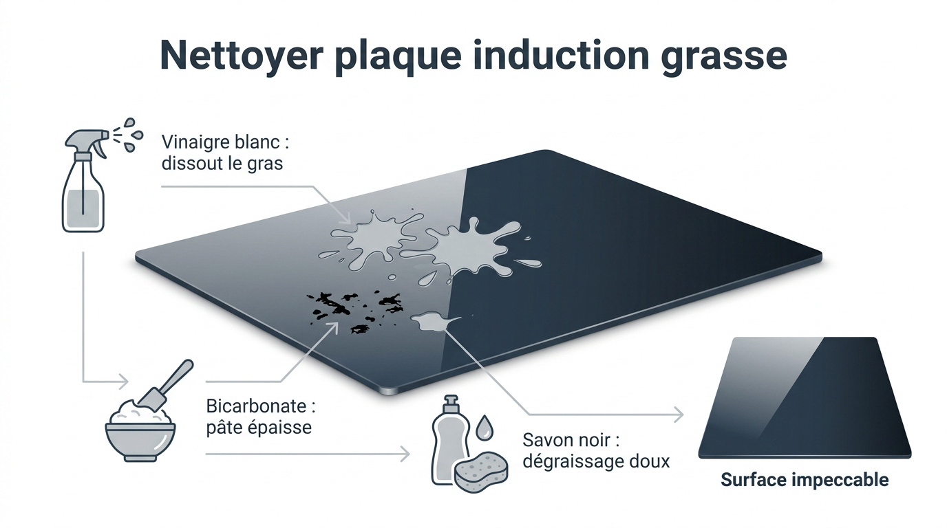 Nettoyage d'une plaque à induction avec des produits naturels et un chiffon doux